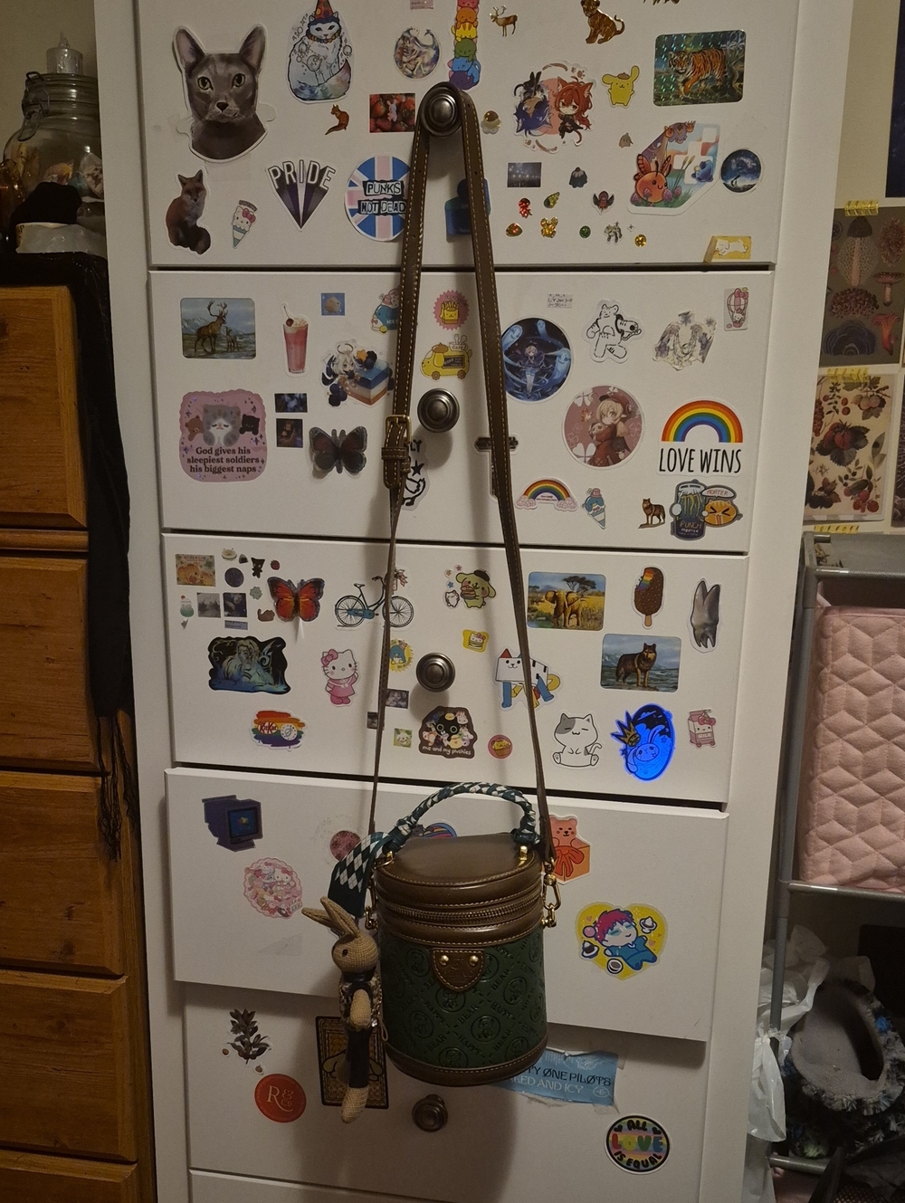 Green and Brown Patterned Cylinder Crossbody Bag